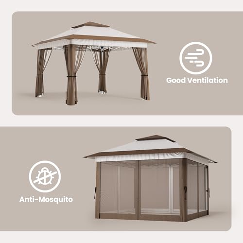 Bealife 11x11 Pop Up Gazebo Tent with Mosquito Netting, Instant Gazebo, Party Tent with Roller Bag, Pop Up Canopy Tent for Parties Patio Lawn Backyard Garden Deck, Beige - color: Beige