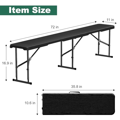 4 Pack 6ft Folding Bench, Plastic Folding Bench for Picnic Camping Dining Party Garden, 6 feet Foldable Benches for Soccer Multipurpose Entertaining Activities, Smooth HDPE Tabletop, Black - color: Black, size: 4 Folding Bench