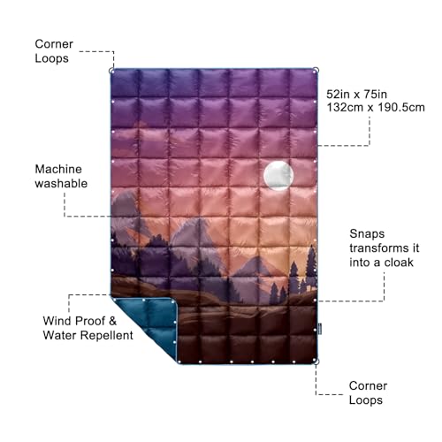zzlamb Camping Blanket for Cold Weather,Outdoor Puffy Blanket Portable Down Alternative,Windproof Warm Cloak with Snaps,Cozy Quilt Backpacking Picnic RV Travel Plane Car Hammock Beach Climbing - color: Sunglow Upon Wilds, size: 52x75in
