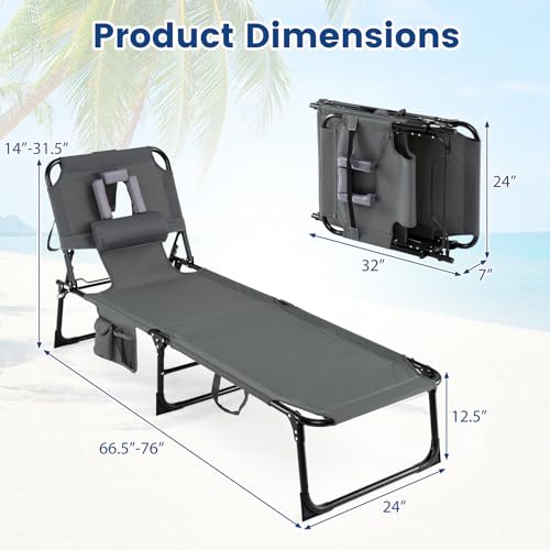 COSTWAY Tanning Chair with Face Hole, Folding Beach Lounge Chair with 4-Position Adjustable Backrest, Pillow & Side Pocket, Foldable Chaise Lounge Chair Outdoor for Sunbathing, Camping (1, Grey) - color: Grey