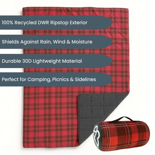 ROAM Weatherproof Sherpa Fleece Blanket - Durable Recycled Ripstop Exterior, Eco Insulation, Compact Travel Design, Machine Washable, All-Season Outdoor & Indoor Blanket, 75" x 52" (Campfire Plaid) - color: Campfire Plaid