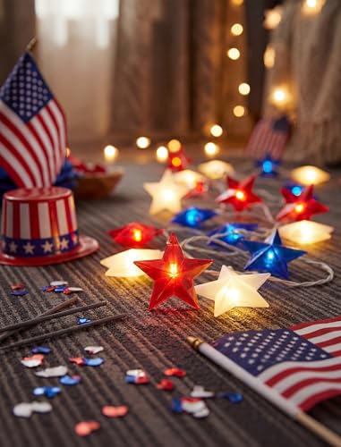 Red White Blue Stars String Lights, 8.5Ft 4th of July Decorations Lights with 10 Red White Blue Lights, Plug in Stars String Lights Outdoor for Independence Day Memorial Patriotic Party Gift Decor - color: 10 Lights Star Red White Blue