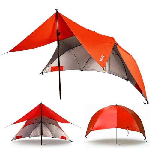 HOMEDEMO Beach Umbrella Tent (9.5ft, Red) with Fan Canopy, 3-in-1 Umbrella Shade Shelter for Beach, Picnic, Bleacher, Sports Games - style: Red