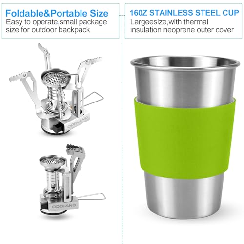 Odoland Camping Cookware Stove Carabiner Canister Stand Tripod and Stainless Steel Cup, Tank Bracket, Fork Spoon Kit for Backpacking, Outdoor Camping Hiking and Picnic - color: Green