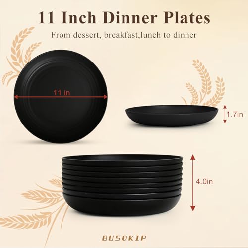 Dinner Plates Set 11 Inch, Unbreakable Wheat Straw Plates 8 PCS, Alternatives to Plastic Plates Rusable, Microwave Safe Camping Plates for Breakfast, Lunch, Dinner - Black - color: Black, size: 11 Inch