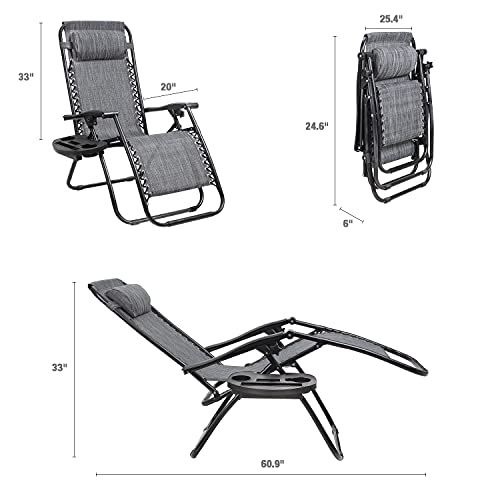 GUNJI Zero Gravity Chair Outdoor Lawn Folding Lounge Chairs Adjustable Reclining Patio Chairs Set of 2 with Cup Holder Lounge Gravity Chairs for Poolside, Backyard, Beach and Camping (Gray) - color: Grey