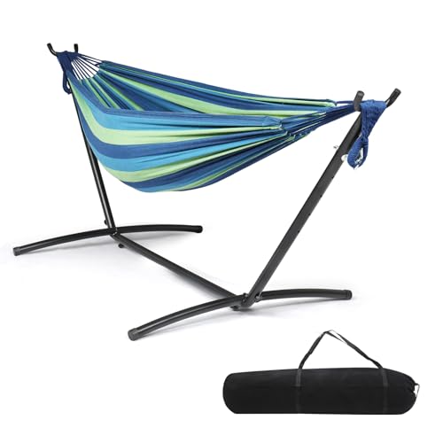 ONCLOUD 550 LBS Capacity Double Hammock with Stand Included with Portable Carrying Bag, Heavy Duty 2-Person Hammock for Outdoors & Indoors - Desert Stripe, Series TDCTZ1 - Blue Green Stripe