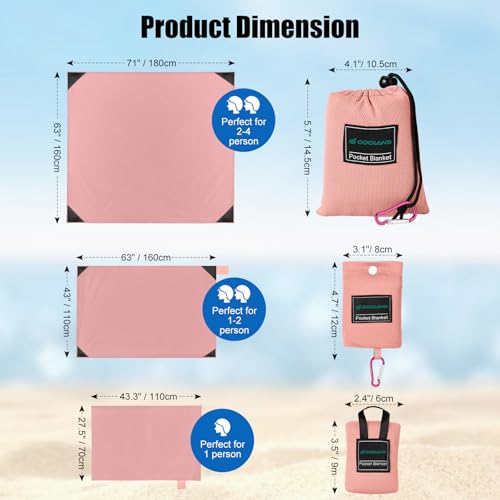 Odoland Pocket Blanket Picnic Blanket, 71" x 63" SandProof Waterproof Outdoor Beach Blanket with Portable Bag, Foldable Lightweight Sand Free Quick Drying Beach Mat for Hiking Camping Travel, Pink - color: Pink, size: 63" x 71"(2-4 People)