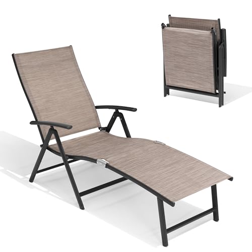 Crestlive Products Folding Patio Chaise Lounge Chair Outdoor, Aluminum Adjustable Outdoor Pool Recliner Chair, Assemble-Free, 8 Positions - color: Espresso, size: 1 Pcs