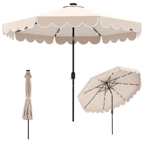 Tangkula 10FT Solar LED Patio Umbrella, 2-Tiers Scalloped Outdoor Table Market Umbrella with 24 LED Lights, Vented Top, Tilt Adjustment, Crank, 8 Ribs for Backyard Poolside Deck Beach Lawn (Beige) - color: Beige, size: 10Ft