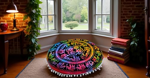 CRAFT KALA 22" Round Mandala Boho Pillow Cover Meditation Room Seating Poufs Cover for Living Room Yoga Room Home Bedroom Balcony Garden Party Decoration Cotton Floor Cushion Cover,Multi U.P Elephant - color: Multi U.p Elephant, size: 22"