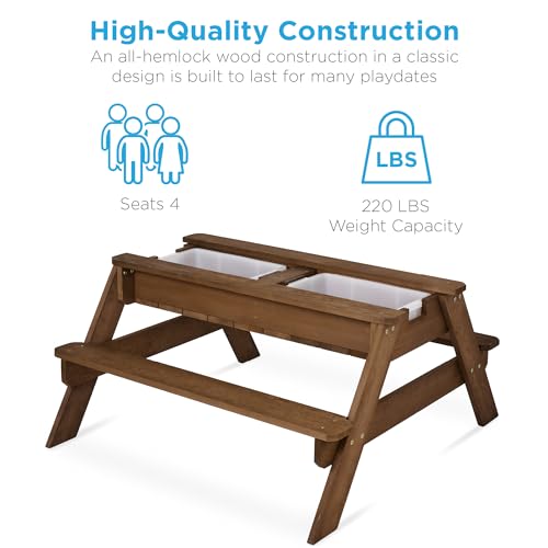 Best Choice Products Kids Picnic Table with Umbrella, 3-in-1 Sand & Water Table, Outdoor Convertible Picnic Table for Toddlers, Seats 4, Removable Top, 2 Buckets - Walnut/Red - color: Walnut/Red
