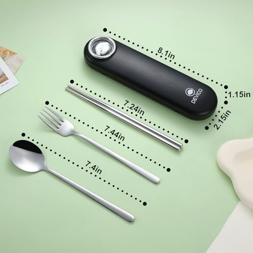 DEVICO Travel Utensils with Case Cute, Reusable Silverware for Lunch, Portable Cutlery Set, 18/8 Stainless Steel Fork Spoon Chopsticks in Cartoon Case, Dishwasher Safe (Black) - color: Black
