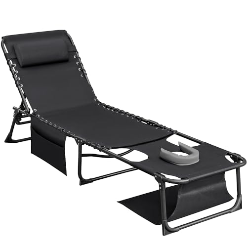 Flamaker Face Down Chaise Lounge Chair 5-Position Adjustable Sunbathing, Foldable Tanning Chair with Face& Arm Holes, Outdoor Recliner Chair for Pool, Beach, Patio, Lawn (Black, 1 Pcs) - color: Black, style: Sauna, 1 Pcs