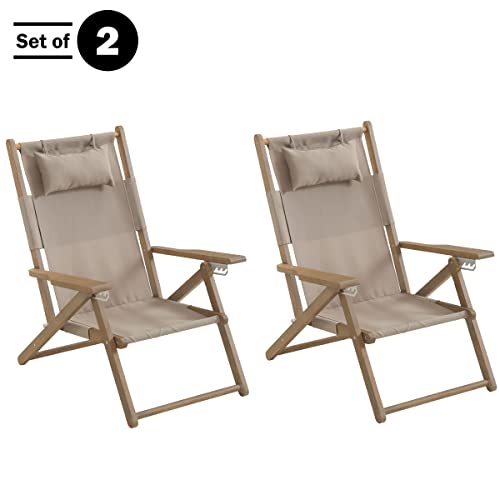 Lavish Home Set of 2 Beach Chair - Outdoor Weather-Resistant Wood Folding Chair with Backpack Straps - 4-Position Reclining Seat - Beach Essentials (Taupe) - color: Taupe, style: Set of 2