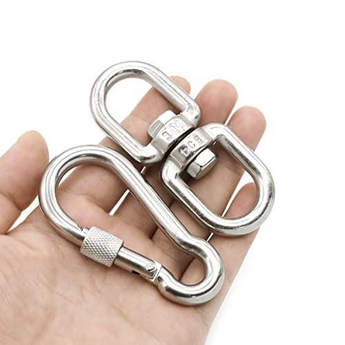 2Pcs M8 304-Stainless Steel Swivel Ring Double Ended Swivel Eye Hook, 2Pcs M8 Spring Hook, for Marine Mooring, Tree Swing, Hammock, Hanging Rotating Device