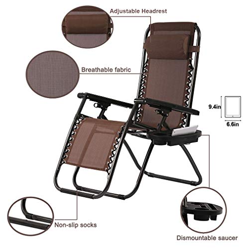 Zero Gravity Chairs Set of 2 with Pillow and Cup Holder Patio Outdoor Adjustable Dining Reclining Folding Chairs for Deck Patio Beach Yard (Brown) - color: Brown