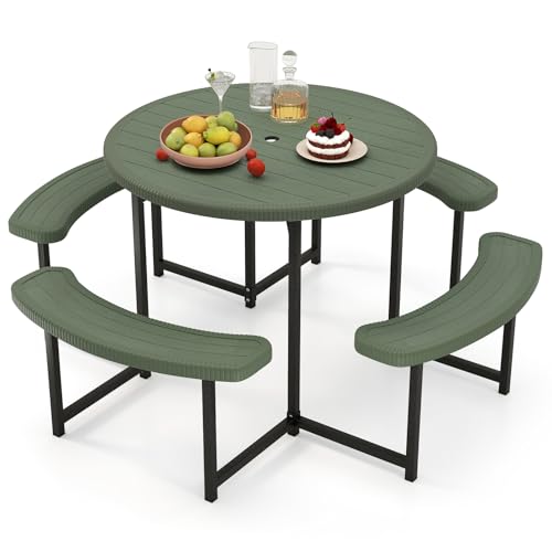 Byroce 8-Person Picnic Table for Outdoors, HDPE Picnic Table Set with 4 Benches, Umbrella Hole & Metal Frame, Heavy Duty Round Dining Table Chairs for BBQ Party in Patio, Yard & Poolside (Green) - color: Green