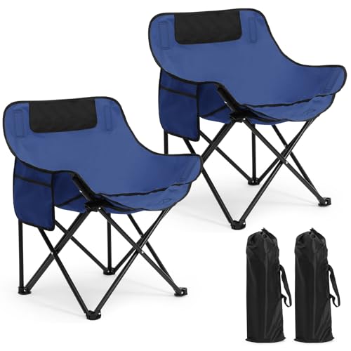 2 Pack Compact Camping Chairs Portable Folding for Outside with Carry Bag Lightweight Moon Chairs for Travel Picnic Hiking Beach Fishing, 600D Oxford, Supports 330lbs(Blue) - color: Blue