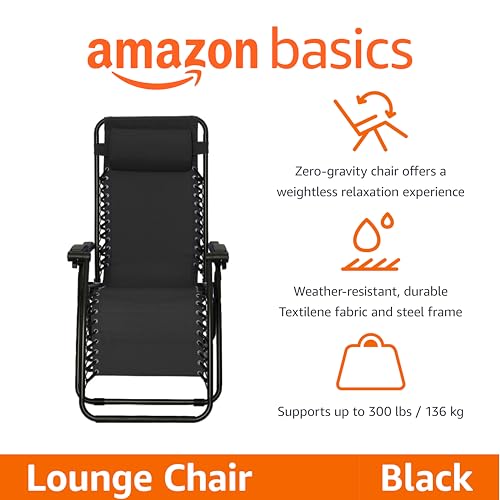 Amazon Basics Outdoor Patio Zero Gravity Portable Folding Reclining Lounge Chair with Padded Headrest Pillow, Weather Resistant Textilene, 26", Black - color: Black