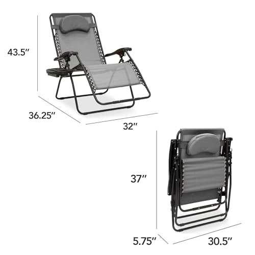 Best Choice Products Oversized Zero Gravity Chair, Folding Outdoor Patio Lounge Recliner w/Cup Holder Accessory Tray, Pillow - Gray - color: Gray