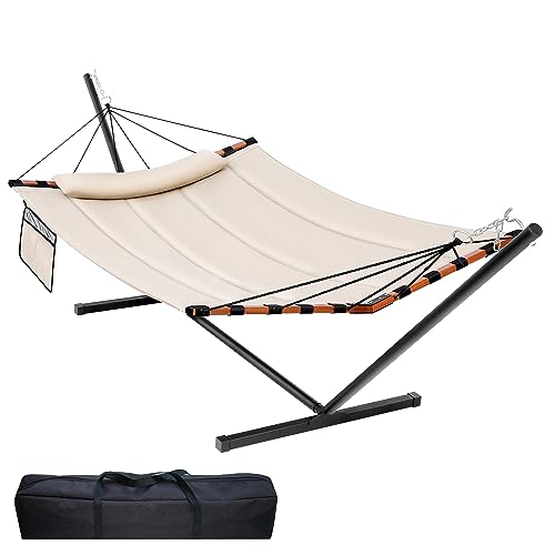 TegerDeger 12FT 2 Person Hammock with Stand Included 55 x 79IN Large Hammock 450LB Capacity with Hardwood Spreader Bar & Nylon Rope for Outside, Patio, Garden, Backyard, Beach, Poolside - Beige - color: Beige