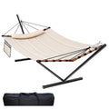 TegerDeger 12FT 2 Person Hammock with Stand Included 55 x 79IN Large Hammock 450LB Capacity with Hardwood Spreader Bar & Nylon Rope for Outside, Patio, Garden, Backyard, Beach, Poolside - Beige - color: Beige
