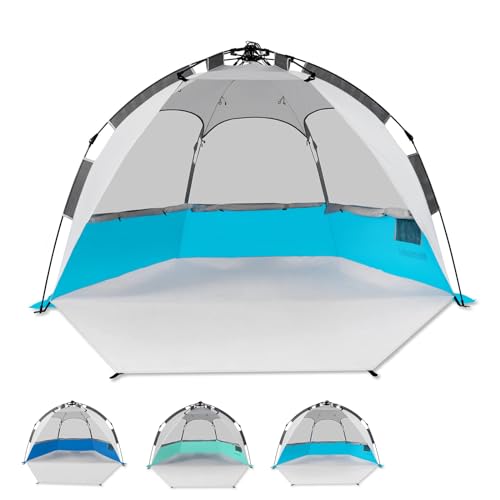 2-3 Person Large Instant Pop Up Beach Tent, UV Protection Portable Easy Setup Sun Shade Shelter, Extended Floor with 3 Ventilating Mesh Windows for Outdoor Camping Fishing (Light Blue)