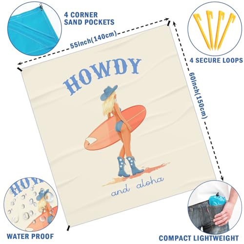 Trendy Coastal Howdy Surf Pocket Picnic Blankets, Cowgirl Mini Beach Camping Blanket Waterproof Sandproof for Surfer Girl,Preppy RV Outdoor Picnic Blanket Mat Gifts for Campsite Dorm 55x60in - color: Surf