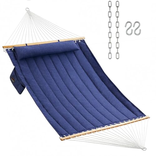 Double Quilted Fabric Hammock with Hardwood Spreader Bars and Pillow 450 LBS Capacity 2 Person Large Hammock for Outdoor Patio Backyard Poolside - Dark Blue - color: Dark Blue