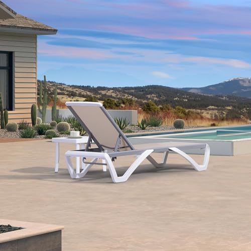 PURPLE LEAF Patio Chaise Lounge Chair Set Outside Aluminum Plastic Stackable Tanning Chairs with Side Table for Pool Sunbathing Beach Deck Outdoor Lounger, Khaki - color: Khaki, style: 1 chair + 1 table
