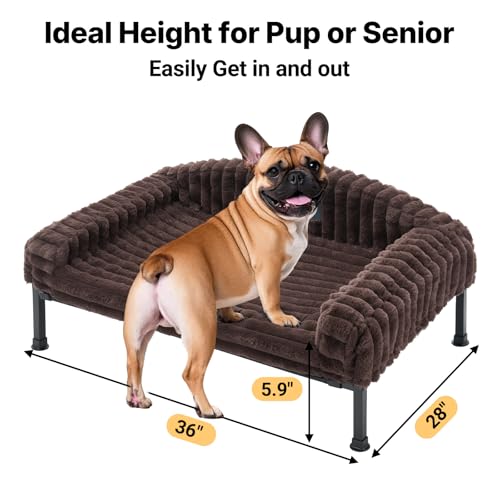 Veehoo Elevated Dog Bed with Bolster Cushion, Fluffy Plush Dog Couch Beds for Small Dogs, Cats, Washable Raised Pet Cot with Non-Slip Feet for Indoor or Patios Use, 36 x 28 Inches, Brown - color: Brown, size: 36.0"L x 28.0"W x 8.3"Th