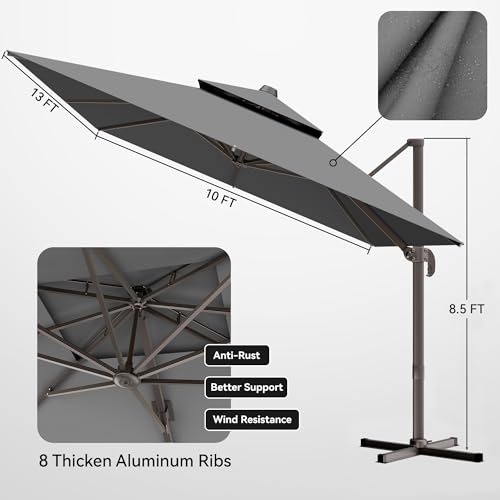10x13 FT Patio Umbrella, Large Cantilever Rectangular Double Top Heavy Duty Offset Umbrellas with 360° Rotation, Outdoor shade for Garden Deck Pool Patio, Gray - color: Gray, size: 10x13 Ft