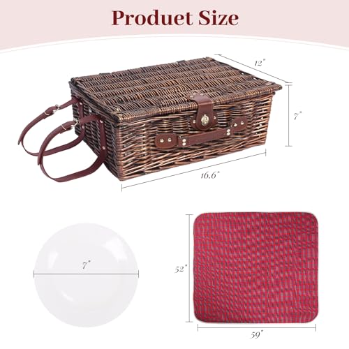 Neti Neti Wicker Picnic Basket for 4 with Insulated Cooler & Waterproof Blanket – Large Willow Picnic Hamper for Outdoor, Camping, Beach, Romantic Dates, Valentine’s Day - color: Red & Blue Checkered