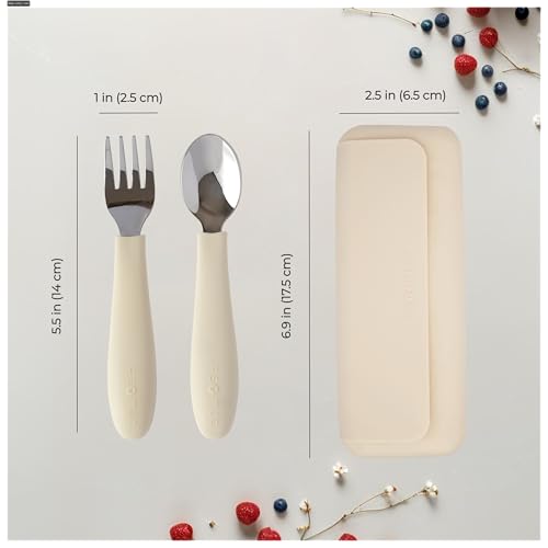 ASOMIC Premium 316 Stainless Steel Toddler Utensils with Silicone Handles & Travel Case, Kids Spoon & Fork Set for Toddler Self Feeding at Daycare, Preschool & School, BPA-Free, Dishwasher Safe - color: Ivory