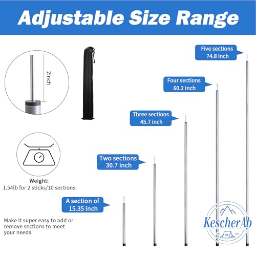 Tent Poles for Tarp, KescherAb Adjustable Tarp Poles Aluminium Tarp Poles Set of 2 for Tent Fly, Awning, Outdoor Camping, Hiking, Backpacking & Rainfly with Pegs & Reflective Ropes, Grey - color: Gray