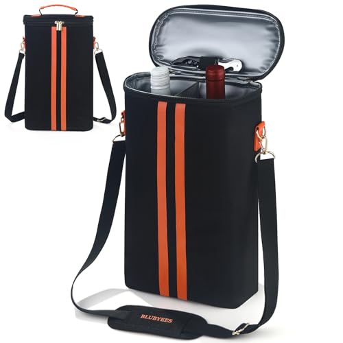 BLUBYEES 2-Bottle Insulated Wine Carrier Tote - Leakproof Padded 900D Oxford Wine Cooler Bag for Travel, Picnics, Beach & Parties - Ideal Wine Gift for Wine Lovers - color: Pumpkin Orange