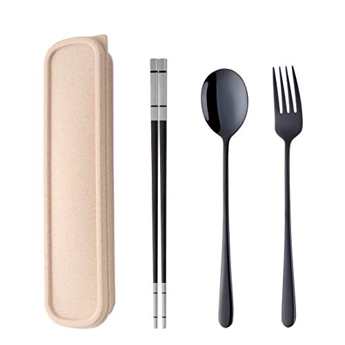 3 PCS Outdoor Flatware Set Fork Spoon Chopsticks/Travel Flatware Set with a Case - color: Black
