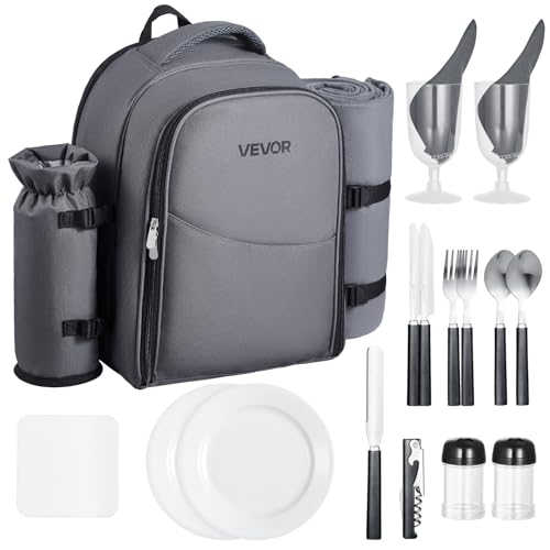 VEVOR Picnic Backpack, Beach Picnic Backpack Bag for 2 Person with Insulated Cooler Compartment, Detachable Bottle/Wine Holder, Lightweight Blanket, Plates and Cutlery Set for Hiking, Camping, Grey - size: single layer for 2 & gray