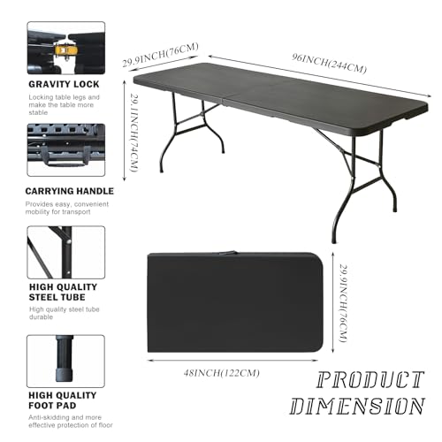 Portable Plastic Folding Table 4ft/6ft/8ft Heavy Duty White Black Picnic Dining Table Fold-in-Half for Camp Party Kitchen Indoor Outdoor - color: Black, size: 8FT, style: Flat Desktop
