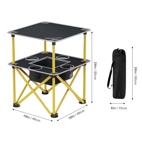 Folding Camping Table with 4 Cup Holders, Lightweight Portable Beach Outdoor Picnic Table, Square Camp Table with Built-in Food Basket Travel Bag for BBQ, Camping, Tailgate - color: Black