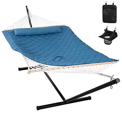 ANOW Double Hammock with Stand Included, Rope Hammock with Detachable Pillow and Pad for Outdoors Indoors, 450 LBS Weight Capacity, Blue - color: Blue, size: With Stand