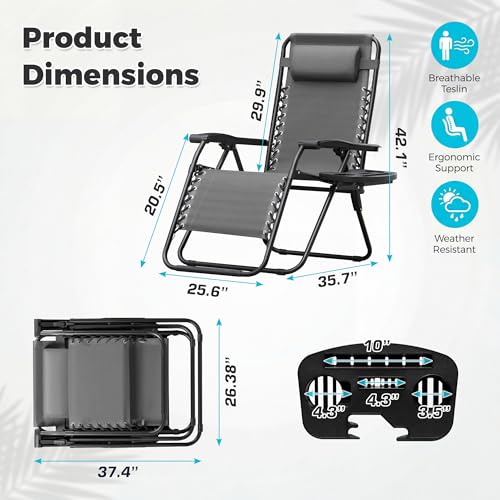 Homall Zero Gravity Chair Patio Folding Lawn Outdoor Lounge Gravity Camp Reclining Lounge Chair with Cup Holder Pillows for Poolside Backyard and Beach Set of 4 (Grey) - color: Grey, size: 4 PCS