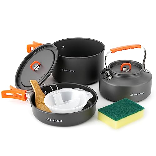 Odoland 10pcs Camping Cookware Camping Pots and Pans Set with Kettle Plastic Bowls and Soup Spoon for Camping, Backpacking, Outdoor Cooking and Picnic - size: 2.9L Pot + 0.9L Fry Pan + 1.6L Kettle