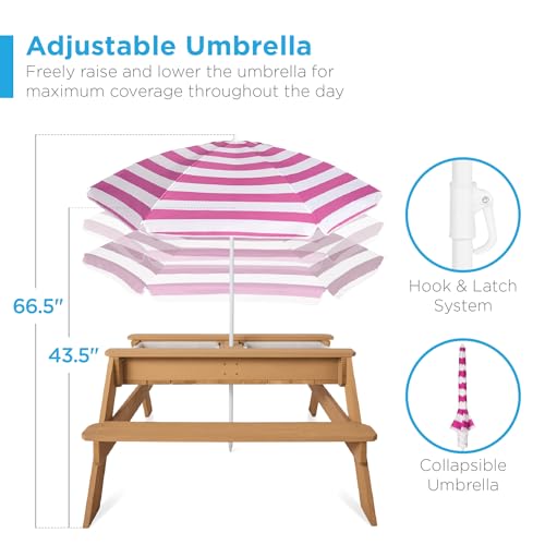 Best Choice Products Kids Picnic Table with Umbrella, 3-in-1 Sand & Water Table, Outdoor Convertible Picnic Table for Toddlers, Seats 4, Removable Top, 2 Buckets - Natural/Dark Pink - color: Natural/Dark Pink