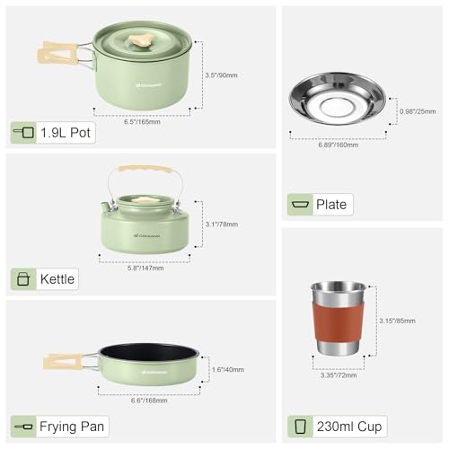 Odoland 15pcs Camping Cookware Mess Kit, Non-Stick Lightweight Pot Pan Kettle Set with Stainless Steel Cups Plates Forks Knives Spoons for Camping, Backpacking, Outdoor Cooking and Picnic - style: Green