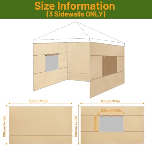 3 Pcs 10x10 Canopy Sidewalls with Roll-up Windows for 10x10 Pop Up Canopy Straight Leg Outdoor Instant Canopy Sidewall Waterproof & UV Protected for Outdoor Event Tents, 3 Sidewalls Only, Beige - color: Beige