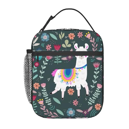 Cute Alpaca Llama Flower Floral Insulated Lunch Bag Portable Reusable Zipper Lunch Box For Men Women Work Picnic Travel Camping - color: Black27