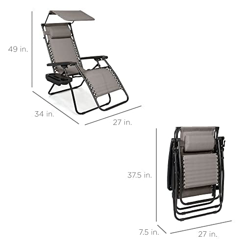 Best Choice Products Folding Zero Gravity Outdoor Recliner Patio Lounge Chair w/Adjustable Canopy Shade, Headrest, Side Accessory Tray, Textilene Mesh - Ice Gray - color: Ice Gray, size: Standard