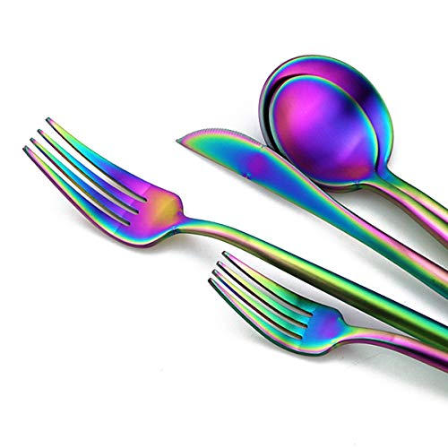 Matte Rainbow Silverware, Gugrida 5-Piece 18/10 Stainless Steel Flatware Set, Satin Finish Kitchen Utensils, Tableware Travel Cutlery for Camping, Office or School Lunch, Dishwasher Safe - color: Rainbow, size: Service for 1